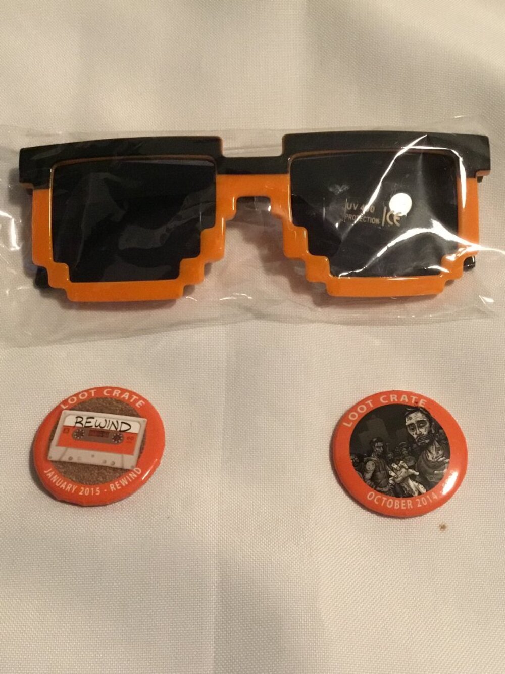Loot Crate 8-Bit Pixel Sunglasses Orange/Black Brand New W/ 2 Pins!